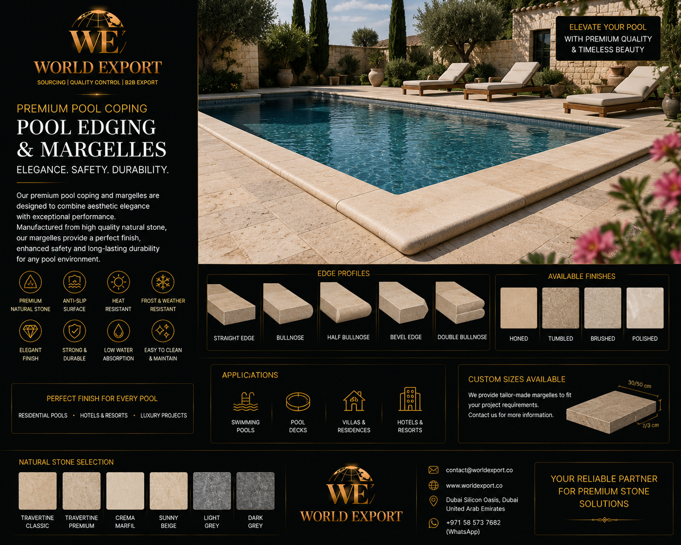 Affiche de marque World Export — Margelles & pool coping travertin.
