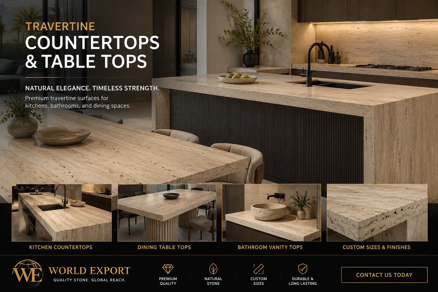 Affiche de marque World Export — Plans de travail et plateaux de table en travertin, cuisine et salle de bain.