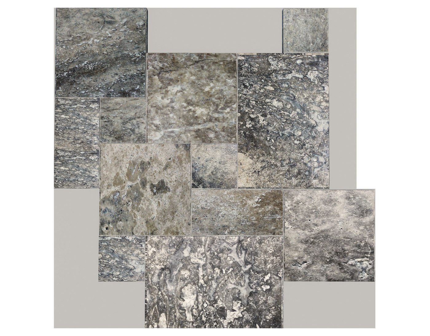 Dallage travertin Silver Comm, motif Opus, World Export & Co.