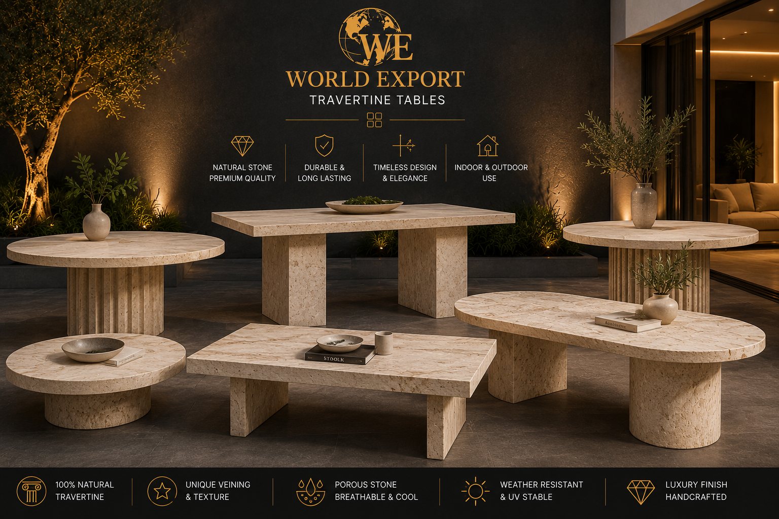 Affiche de marque World Export — Tables & tables basses en travertin.