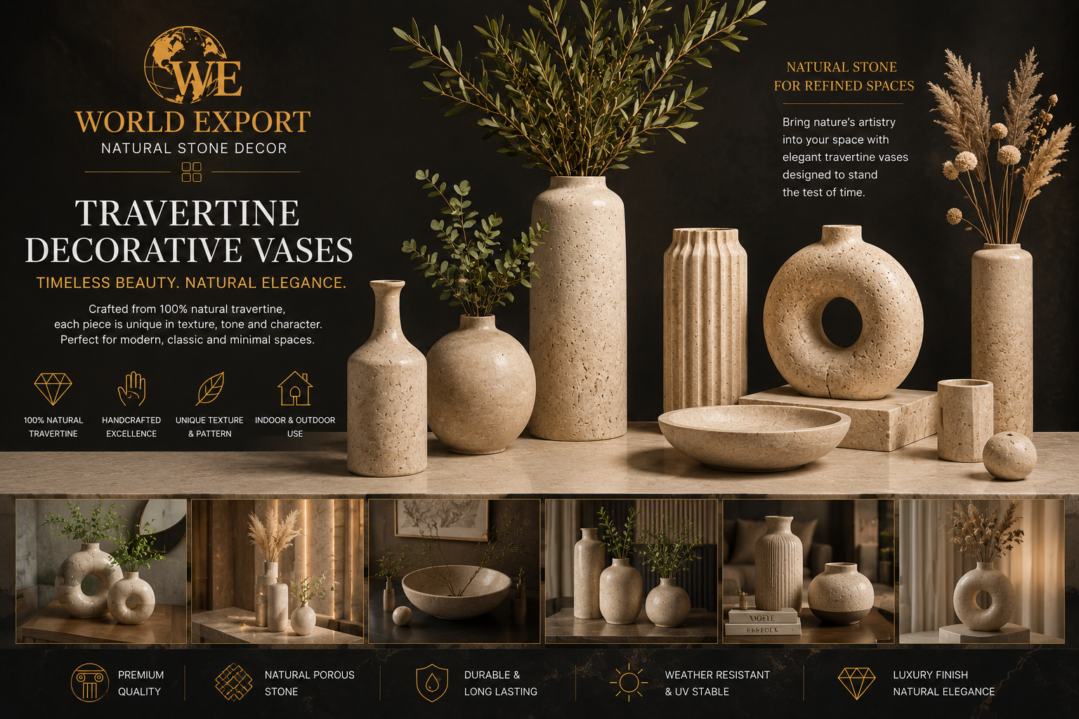 Affiche de marque World Export — Vases décoratifs en travertin.