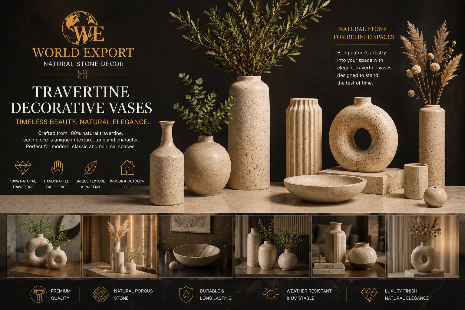 Affiche de marque World Export — Vases décoratifs en travertin.