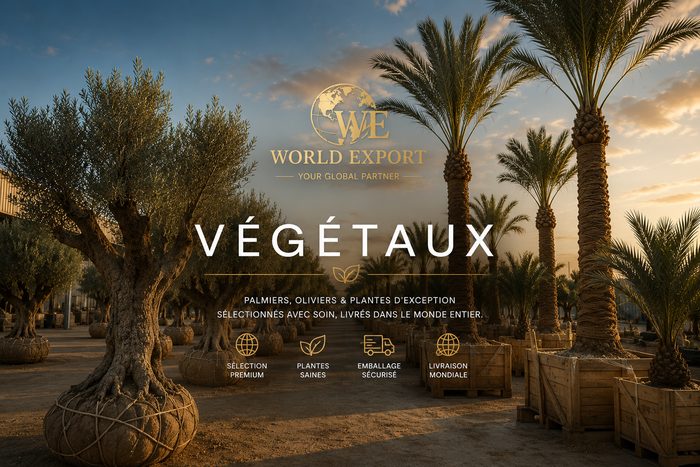 Affiche de marque World Export — Végétaux : logo World Export en tête, photo représentative de végétaux (oliviers/palmiers).